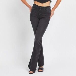 Cello Black High Rise Exposed Button Fly Flare Raw Hem Jeans